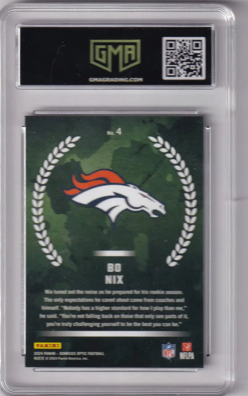 Graded football trading card featuring Denver Broncos logo and Bo Nix, donruss optic gma