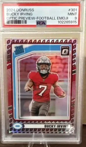 Graded Bucky Irving football card from 2024 Donruss Optic Rated Rookie Preview Football Emoji