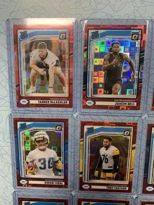 Collection of NFL football trading cards featuring Donruss Optic Red Pandora Rated Rookie Cards