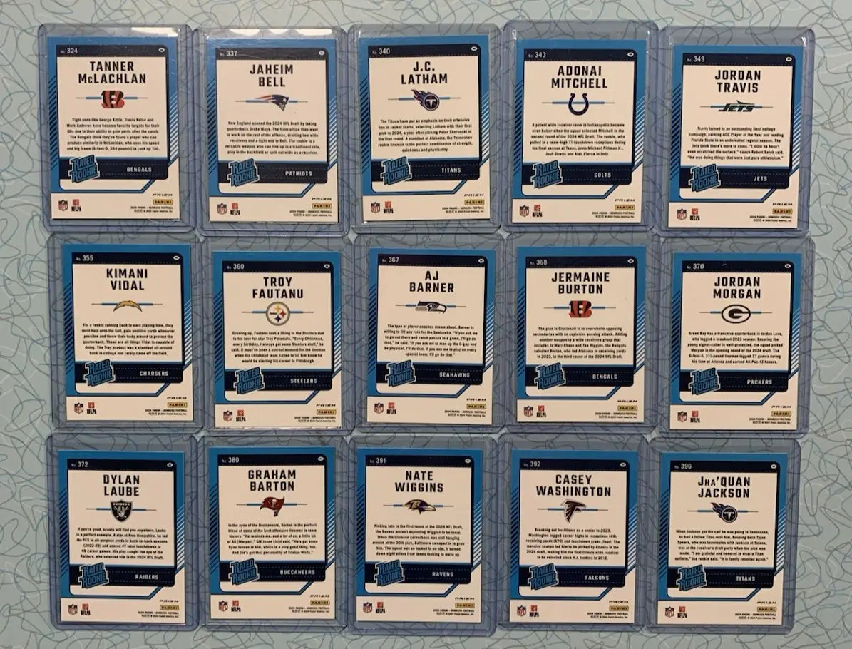 Fifteen Donruss Optic Red Pandora Rated Rookie NFL trading cards in protective sleeves