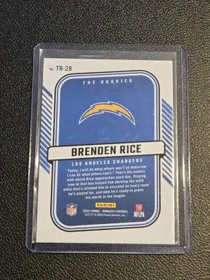 Brenden Rice football card from 2024 Donruss TR-28 featuring Los Angeles Chargers player