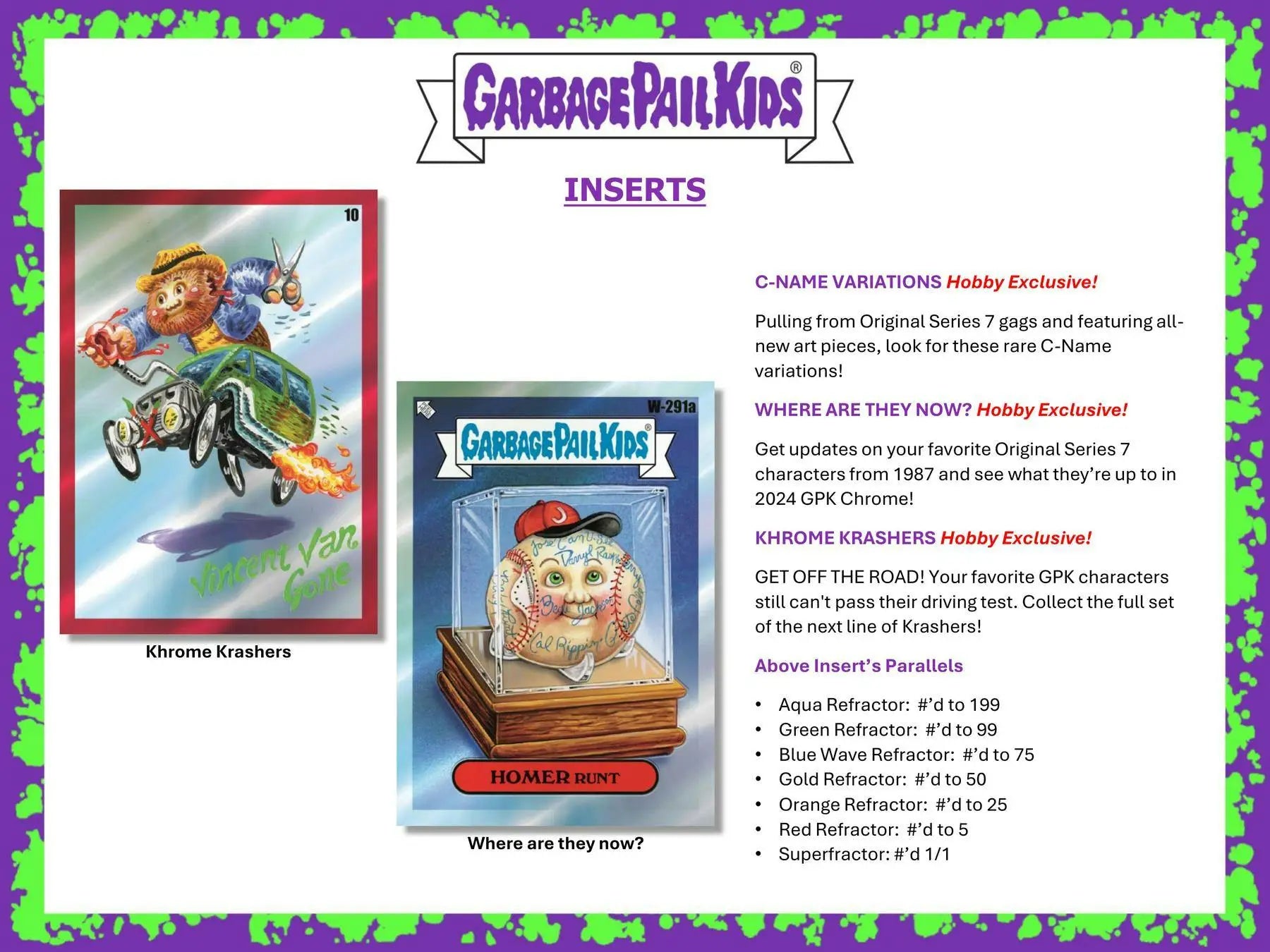 Garbage Pail Kids trading card inserts from the 2024 Chrome Series 7 Hobby Box