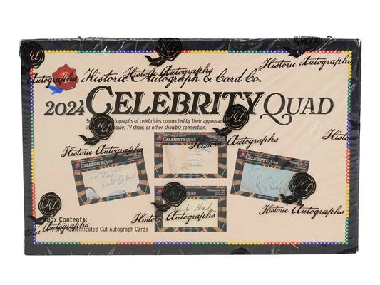 Sealed 2024 Historic Autographs Celebrity Quad Auto Hobby Box with celebrity quad auto cards