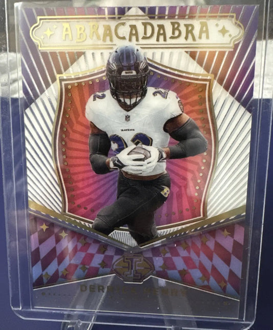 Football trading card featuring Derrick Henry in white jersey and purple helmet from Panini Illusions Derrick Henry Abracadabra series