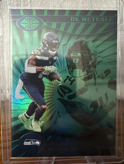 Football trading card featuring DK Metcalf from 2024 Illusions Emerald Green Seahawks lot