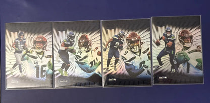 Four Seattle Seahawks football trading cards from 2024 Illusions Emerald Green series
