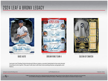 Baseball trading cards from the 2024 Leaf A Bronx Legacy NYC Series 2 hobby box