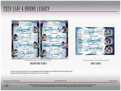 Baseball cards with autographs from the 2024 Leaf A Bronx Legacy NYC Series 2 Baseball Hobby Box