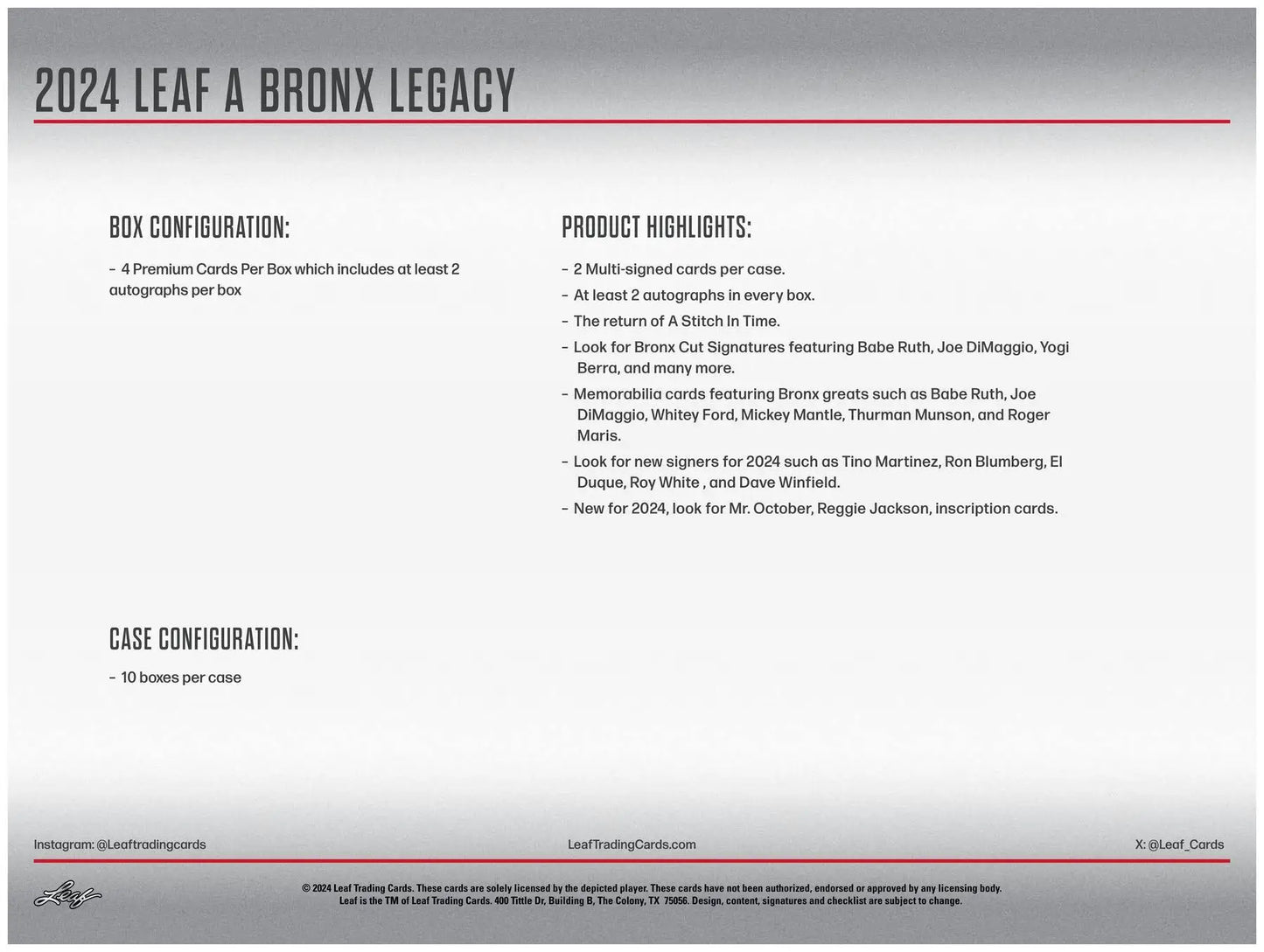 2024 Leaf A Bronx Legacy NYC Series 2 Baseball Hobby Box product info with bronx legacy NYC