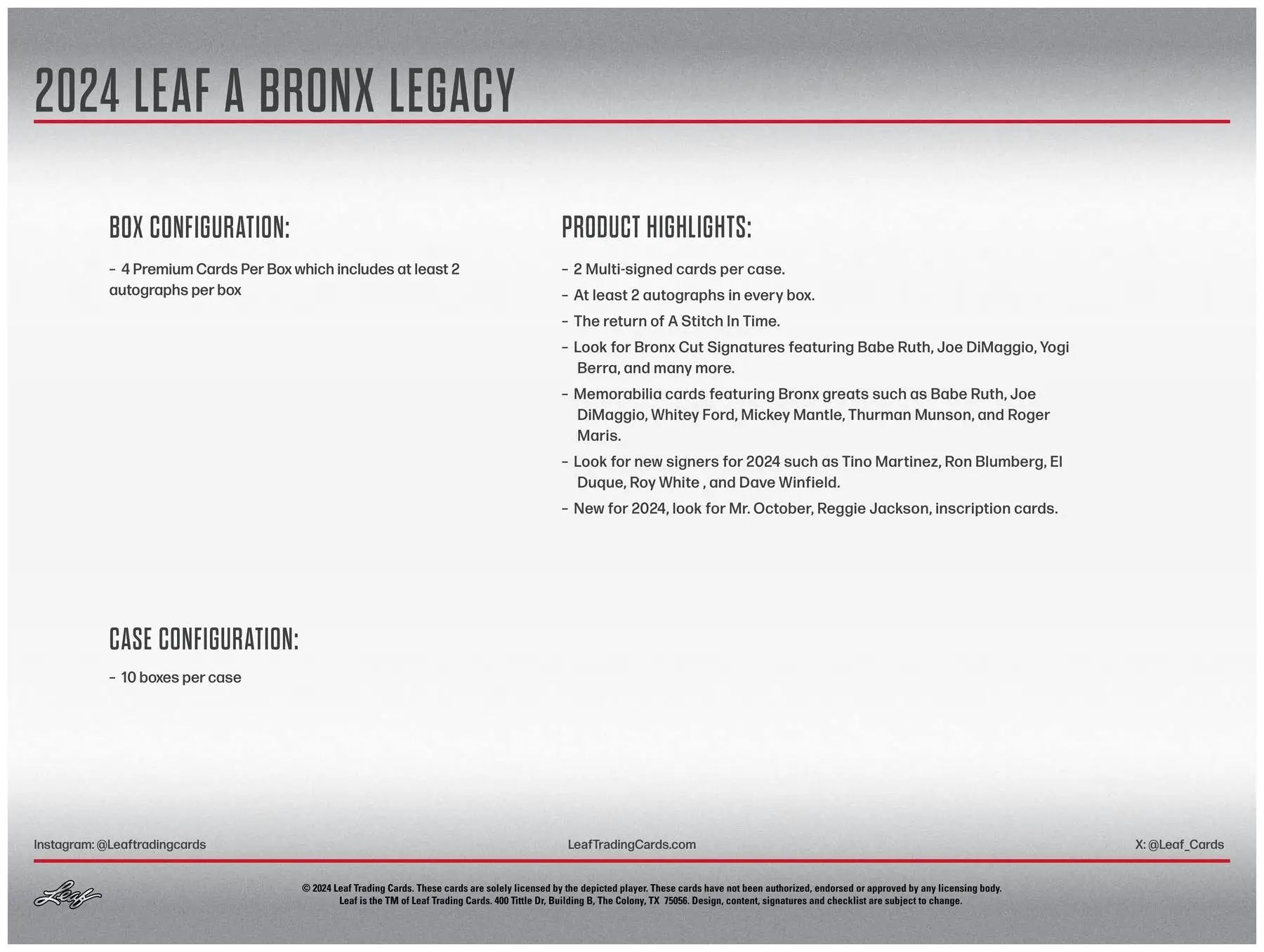 2024 Leaf A Bronx Legacy NYC Series 2 Baseball Hobby Box product info with bronx legacy NYC