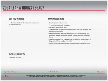 2024 Leaf A Bronx Legacy NYC Series 2 Baseball Hobby Box product info with bronx legacy NYC
