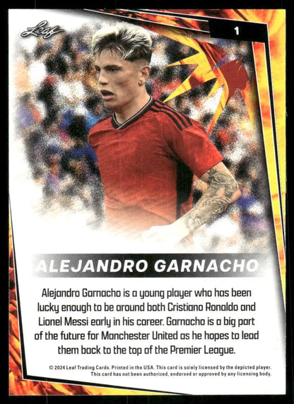 Soccer trading card featuring Alejandro Garnacho from 2024 Leaf Alejandro Garnacho series