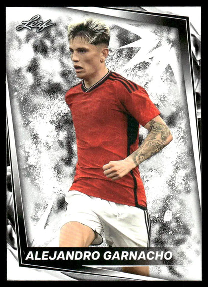 Collectible Leaf Alejandro Garnacho soccer trading card in red jersey and white shorts