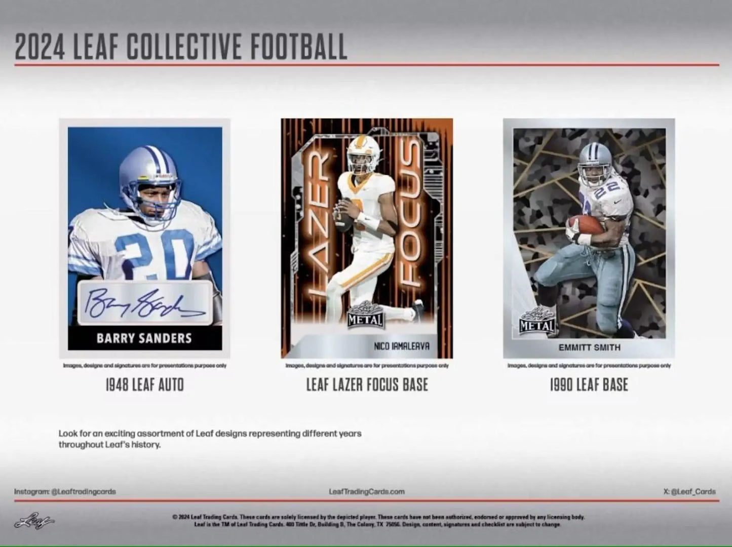 2024 Leaf Collective Football trading cards featuring Barry Sanders, Nico Iamaleava, and Emmitt Smith