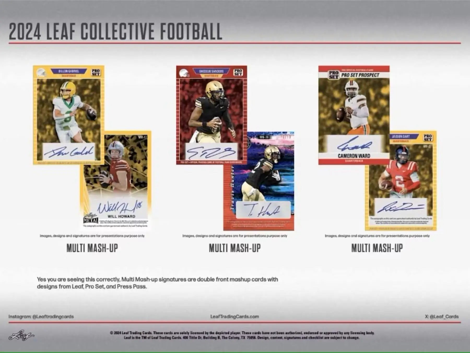 2024 Leaf Collective Football promotional images featuring Multi Mash-Up autographed trading cards