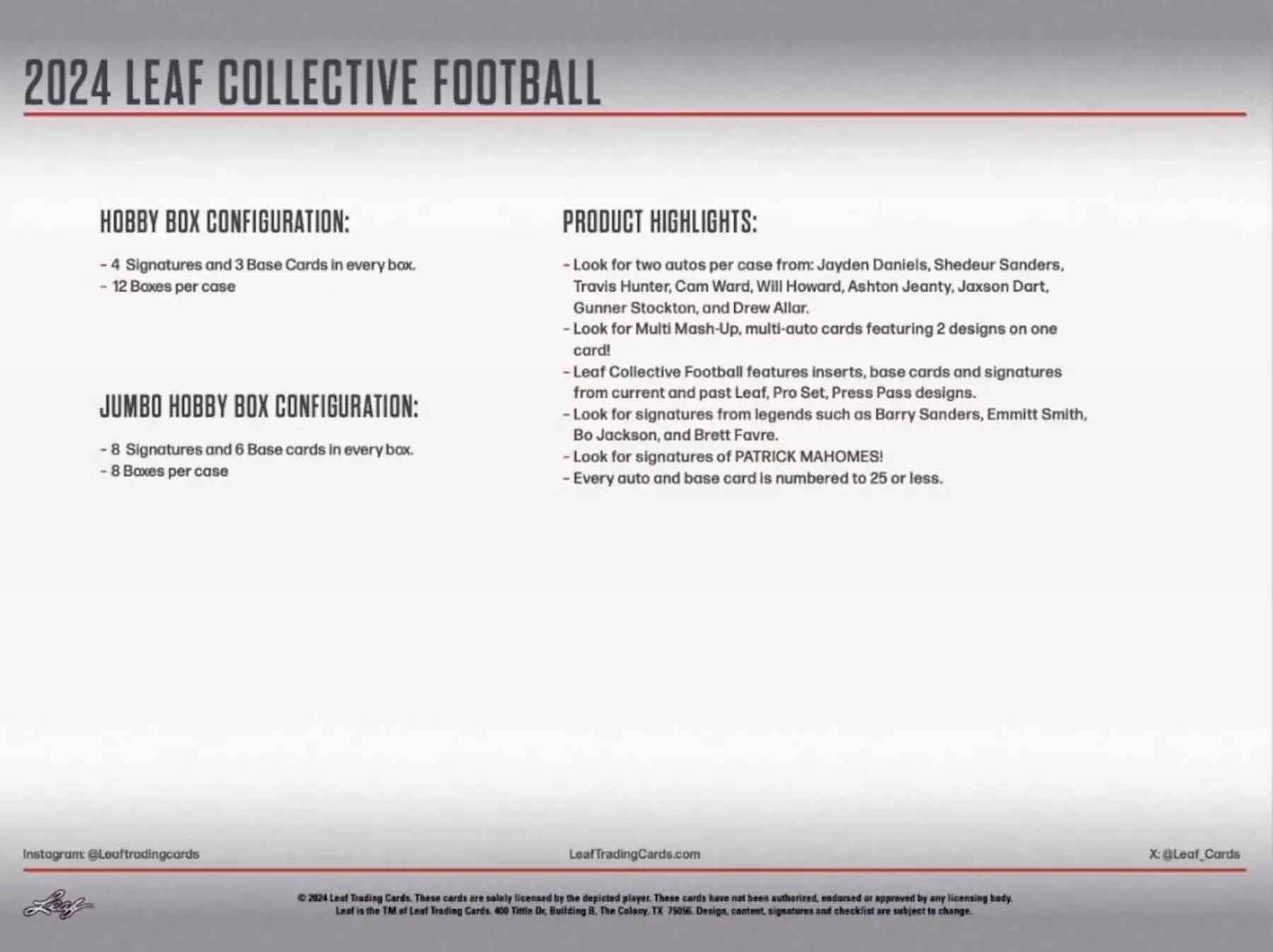 Product sheet for 2024 Leaf Collective Football cards in Leaf Collective Football Hobby Jumbo Box