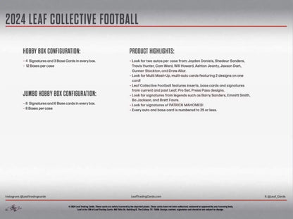 Product sheet for 2024 Leaf Collective Football cards in Leaf Collective Football Hobby Jumbo Box