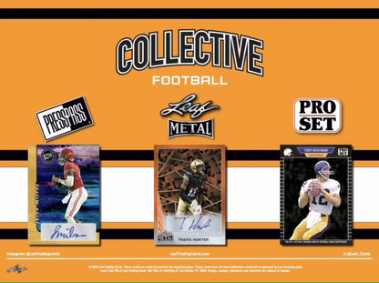 Advertisement for Leaf Metal Collective Football trading cards in 2024 Leaf Collective Hobby Box