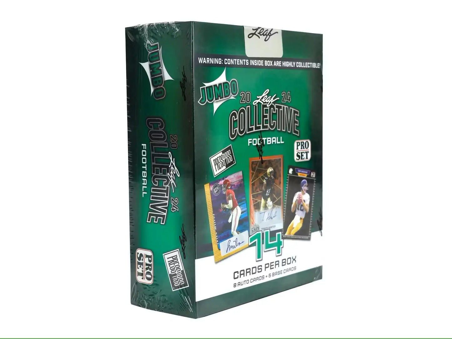 Sealed green 2024 Leaf Collective Football trading card box for hobby collectors