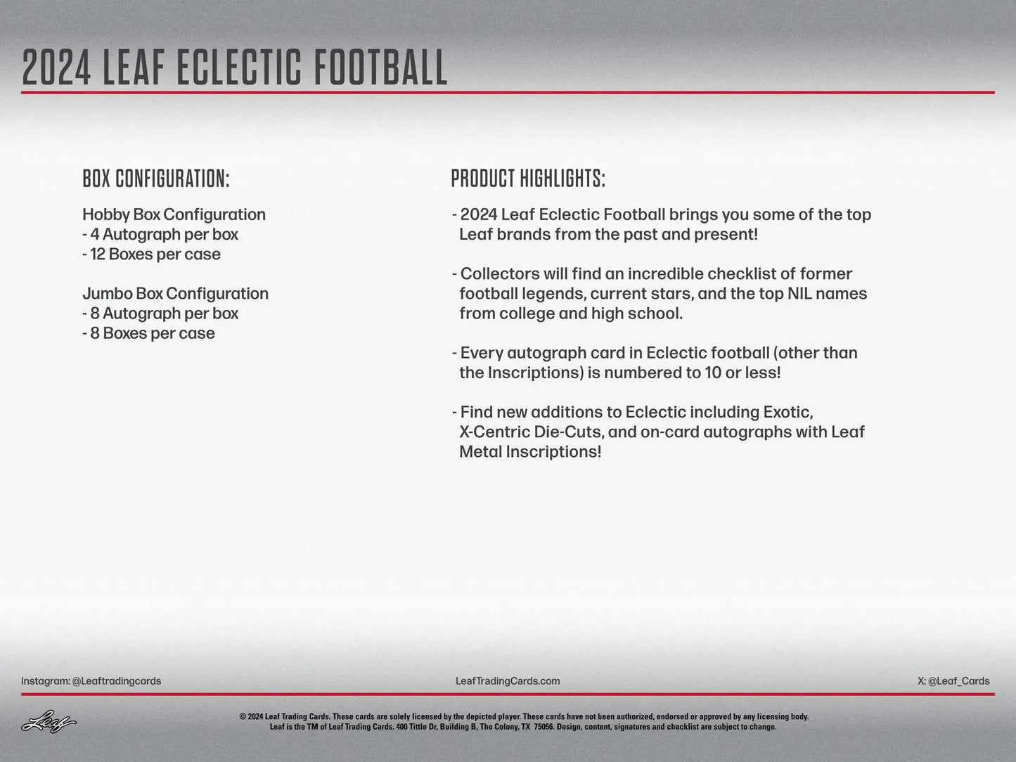 2024 Leaf Eclectic Football Hobby Box showcasing eclectic football card product details