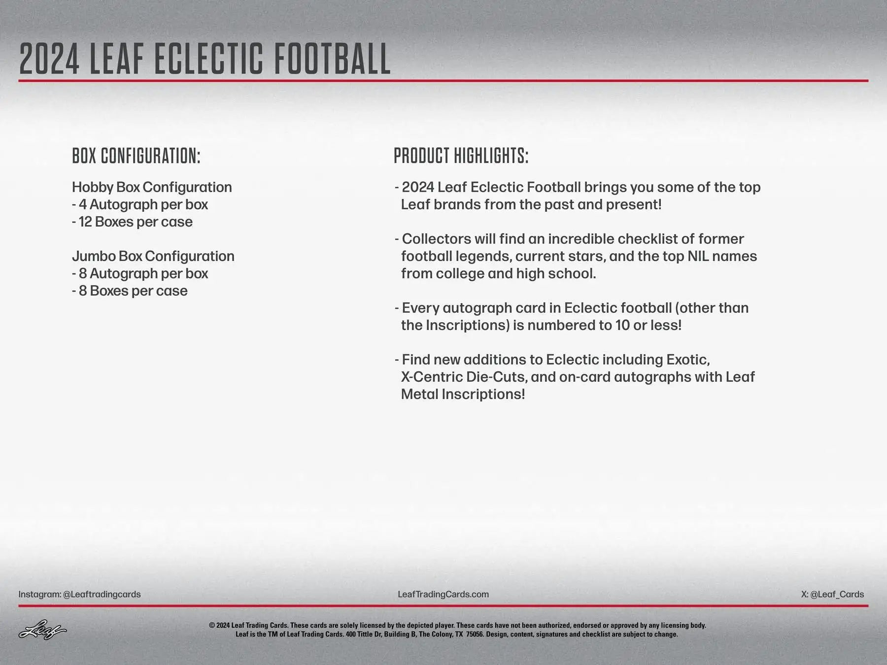2024 Leaf Eclectic Football Hobby Box showcasing eclectic football card product details