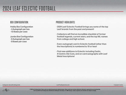 2024 Leaf Eclectic Football Hobby Box showcasing eclectic football card product details
