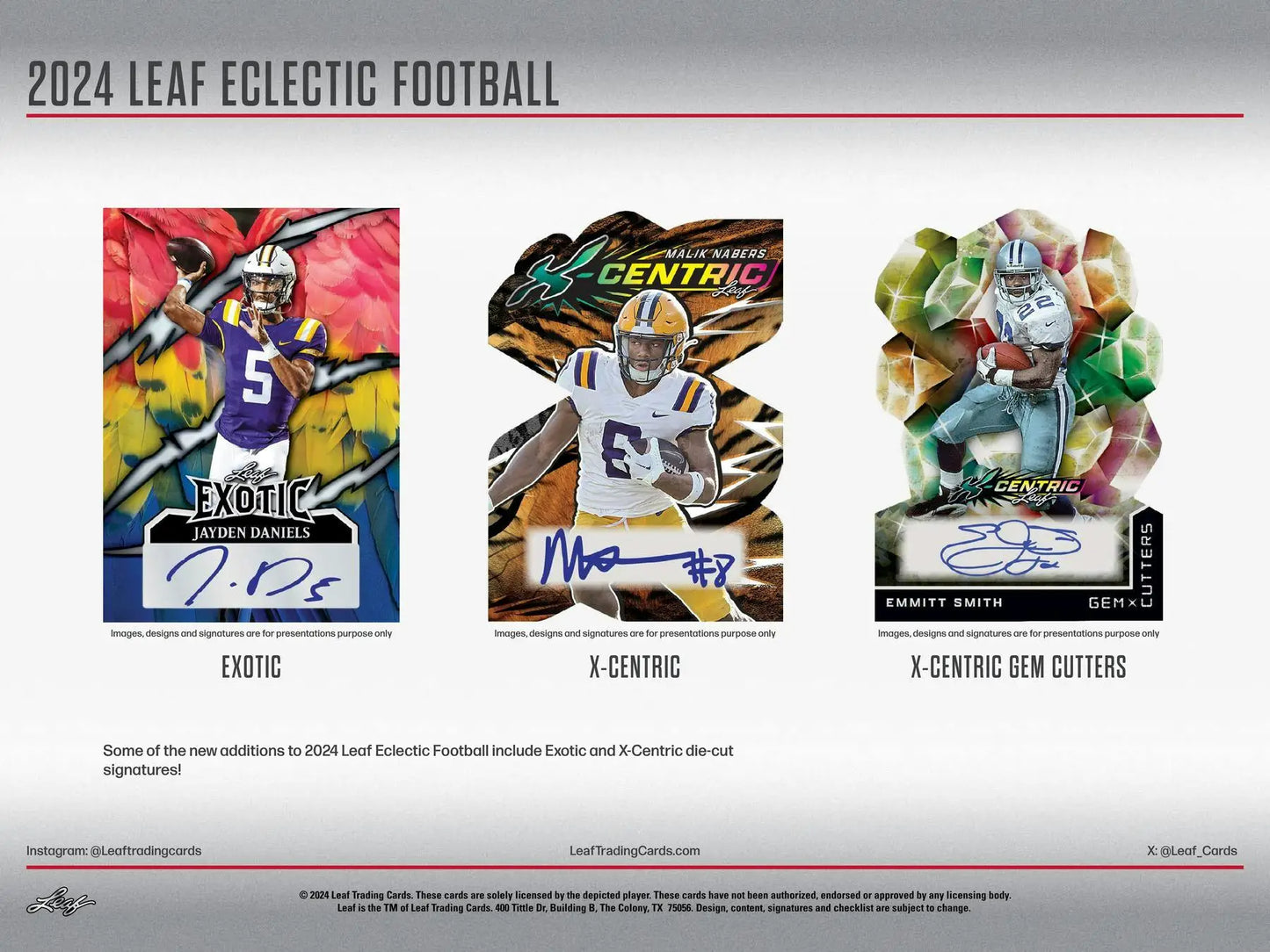 Three Leaf Eclectic Football trading cards from the 2024 Leaf Eclectic Football Hobby Box