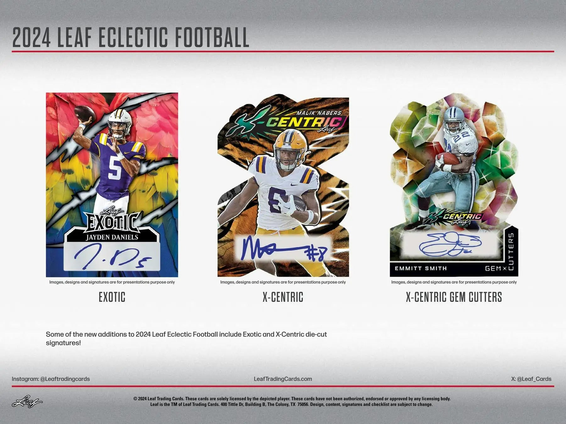 Three Leaf Eclectic Football trading cards from the 2024 Leaf Eclectic Football Hobby Box