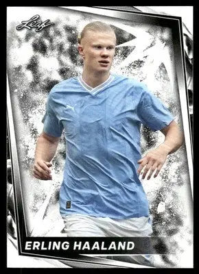 Collectible Leaf Erling Haaland soccer trading card featuring footballer in light blue jersey