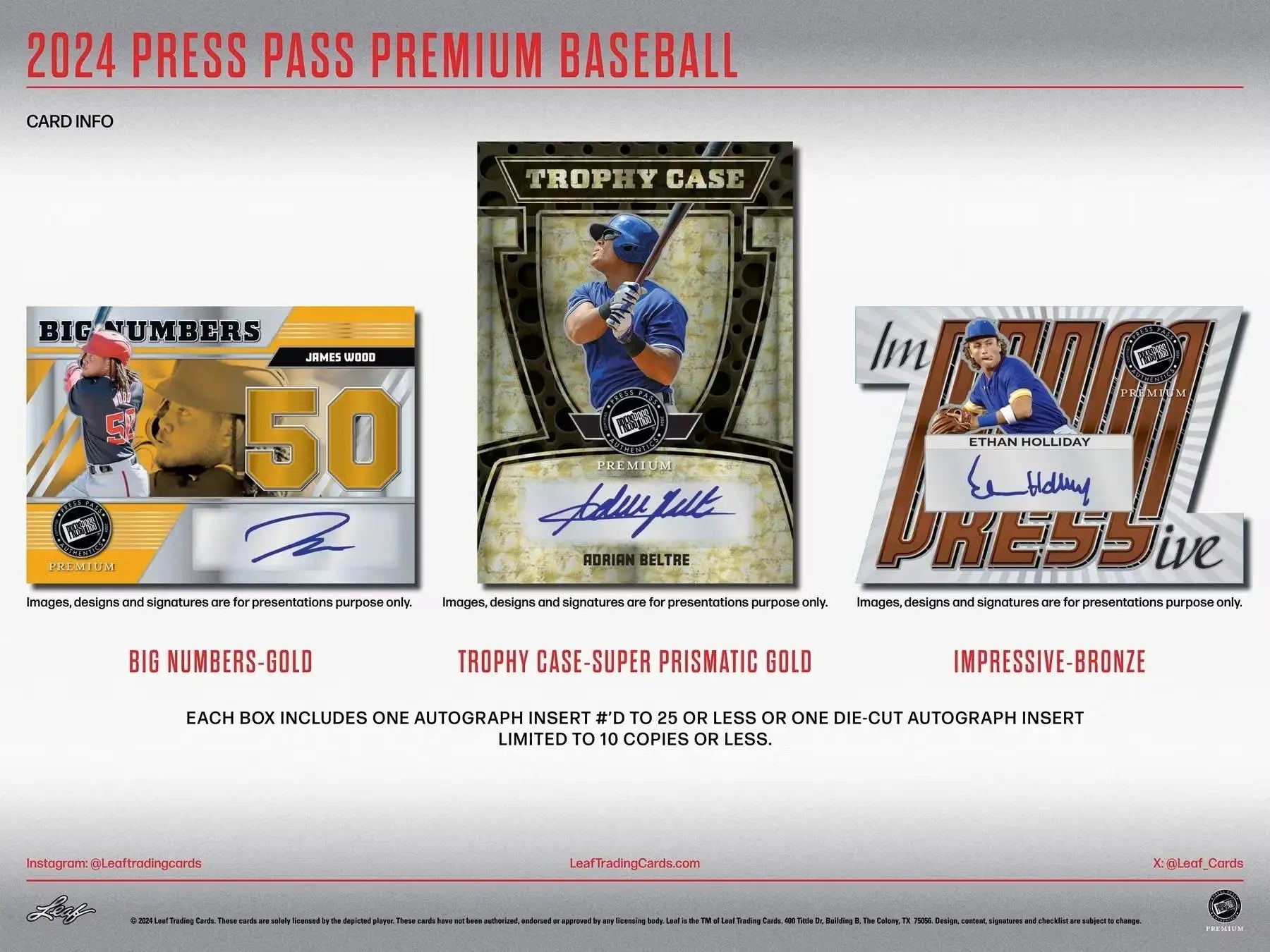 Baseball trading cards from the 2024 Leaf Press Pass Premium Baseball Hobby Box