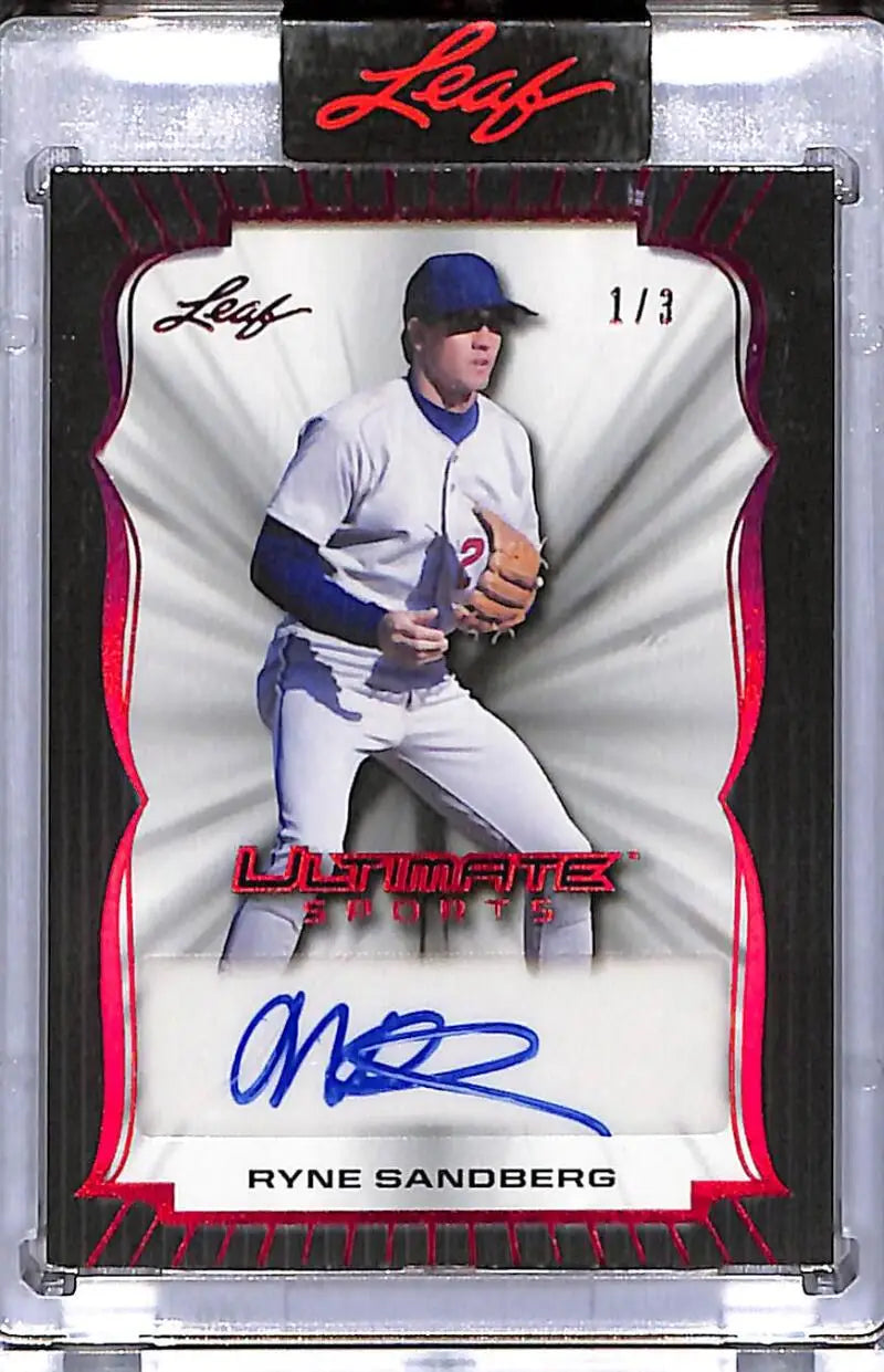 Autographed Ryne Sandberg baseball card from Leaf Ultimate, numbered 1/3, Chicago Cubs