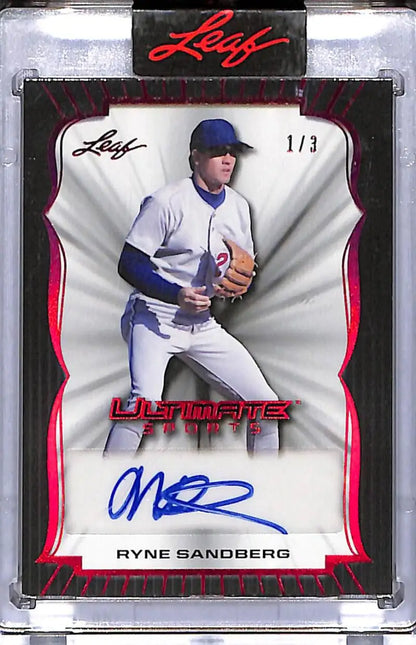 Autographed Ryne Sandberg baseball card from Leaf Ultimate, numbered 1/3, Chicago Cubs
