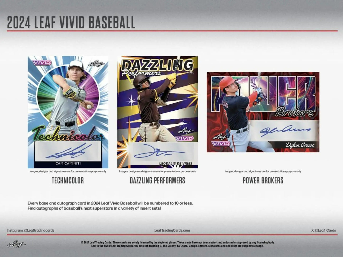 Baseball trading cards from 2024 Leaf Vivid Baseball Hobby Box featuring five autographs