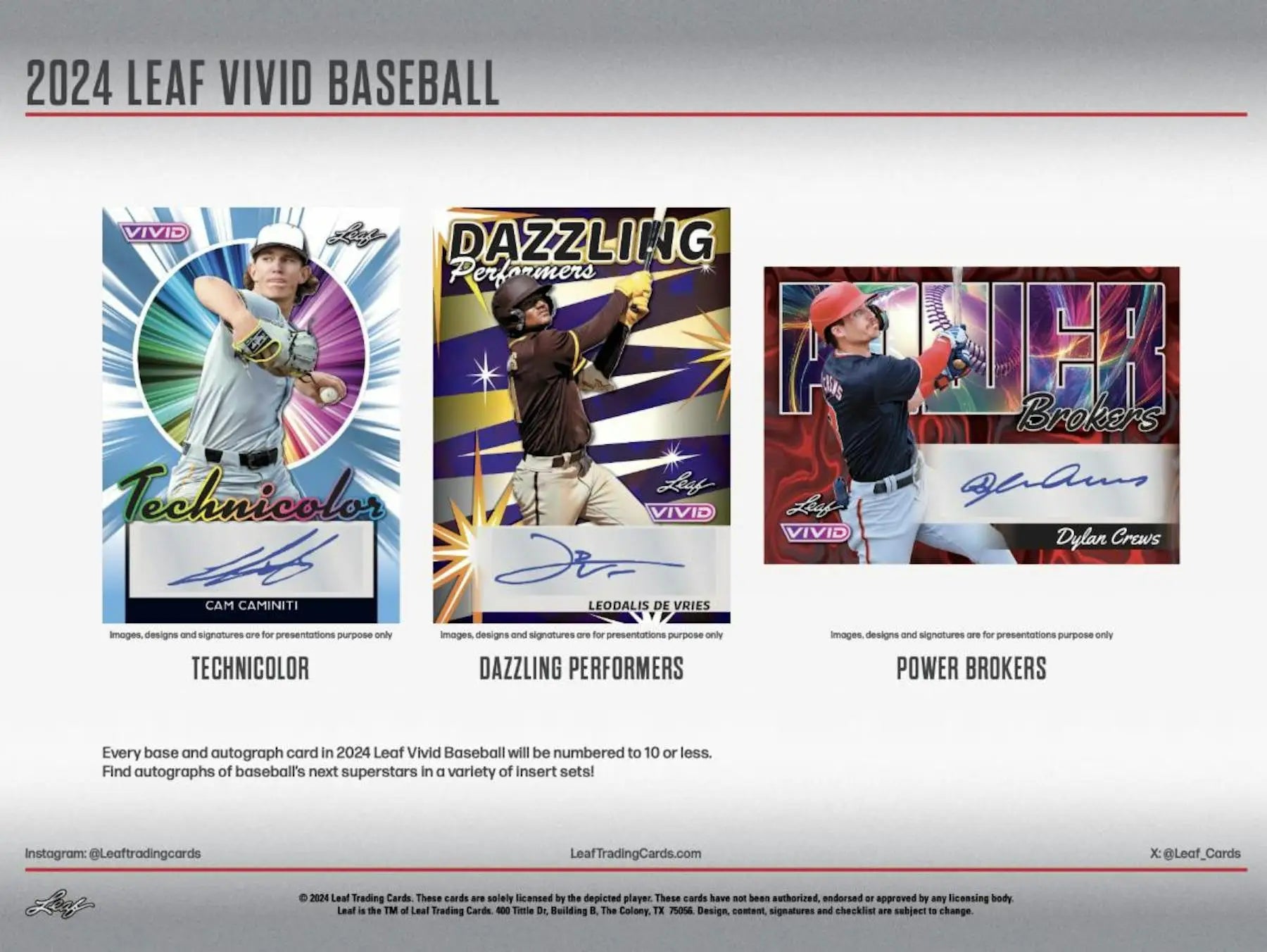 Baseball trading cards from 2024 Leaf Vivid Baseball Hobby Box featuring five autographs