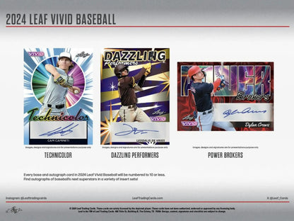 Baseball trading cards from 2024 Leaf Vivid Baseball Hobby Box featuring five autographs