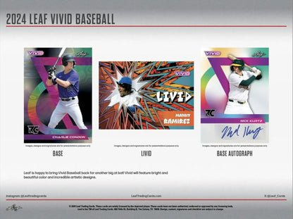 Baseball card collection featuring Leaf Vivid Baseball cards with five autographs inside the 2024 Leaf Vivid Baseball Hobby Box