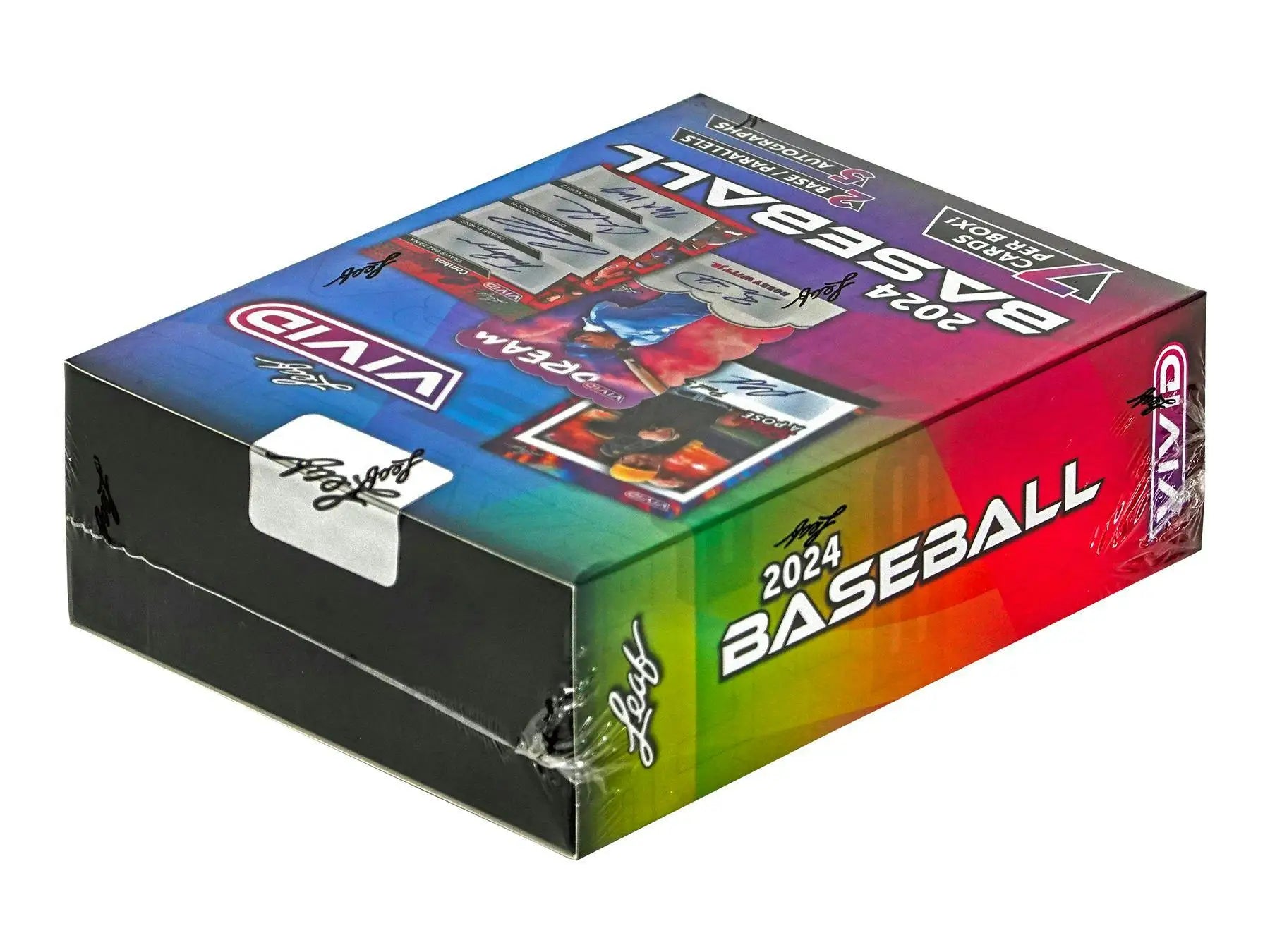 Sealed 2024 Leaf Vivid baseball card box with five autographs showcased