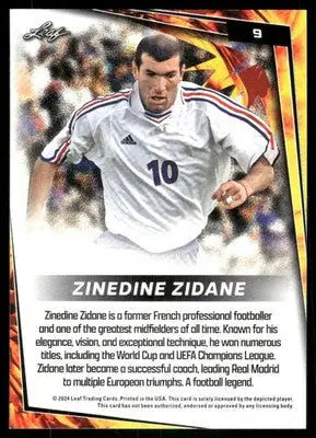 2024 Leaf Zinedine Zidane #9 Red Soccer trading card featuring Zinedine Zidane
