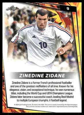 2024 Leaf Zinedine Zidane #9 White Soccer trading card featuring Zinedine Zidane