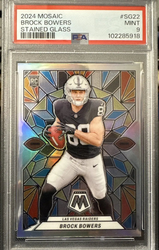 Graded Brock Bowers football card in 2024 Mosaic Stained Glass PSA 9 condition