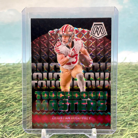 Football trading card of Christian McCaffrey in 49ers uniform from Mosaic Prizm series