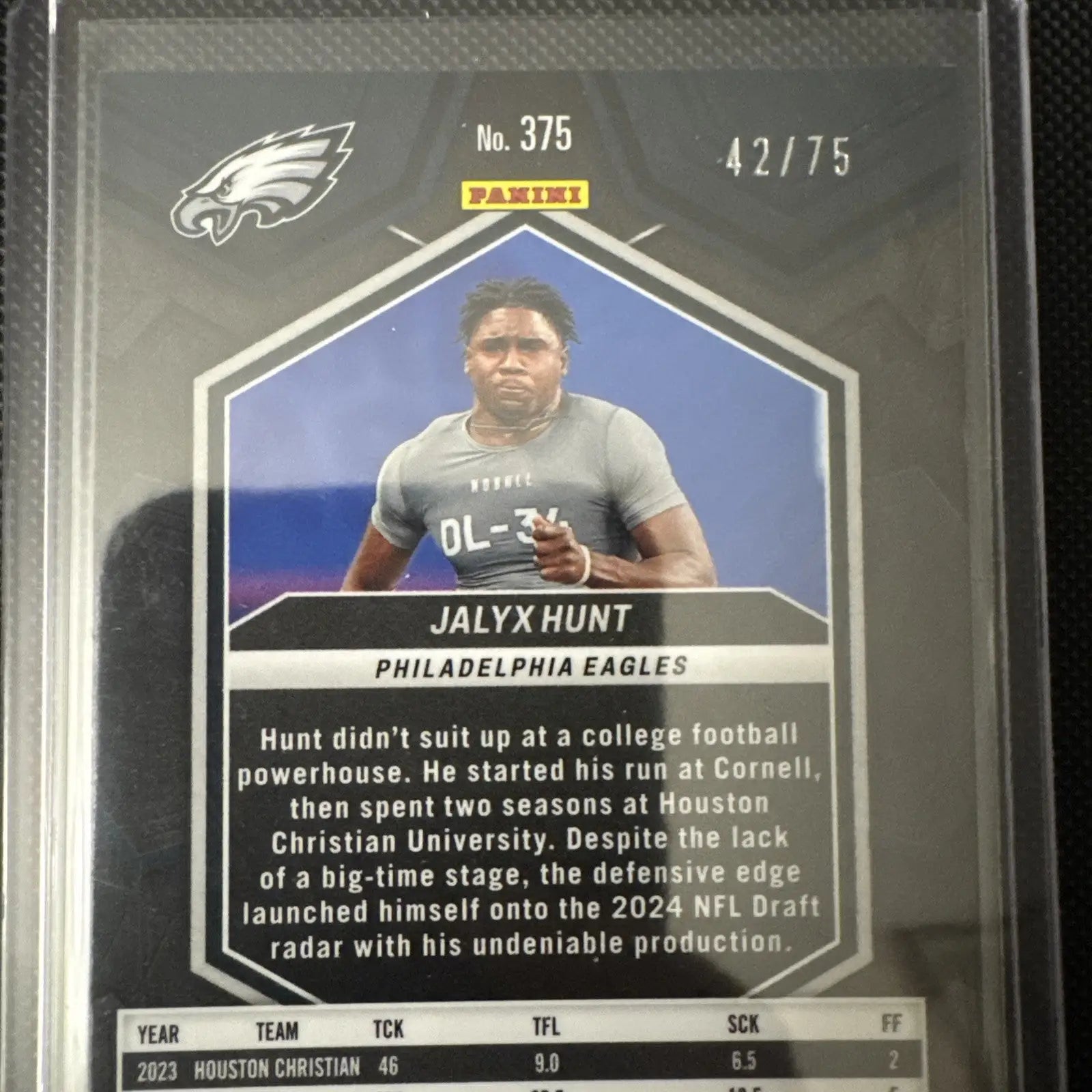 Jalyx Hunt football card from 2024 Mosaic Eagles Rookie Blue Disco Card Lot /75