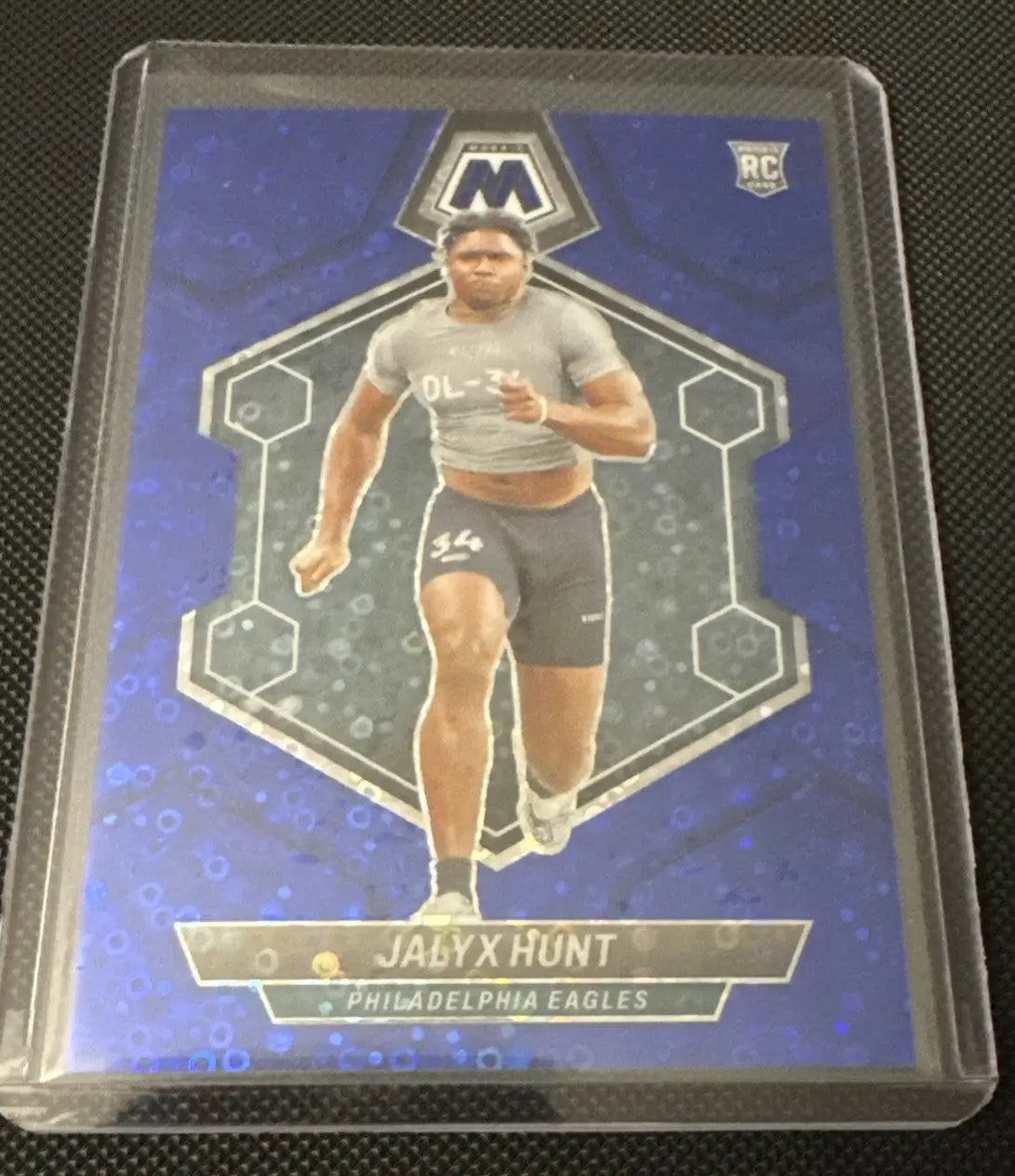 Jalyx Hunt football card from 2024 Mosaic Eagles Rookie Blue Disco Card Lot /75