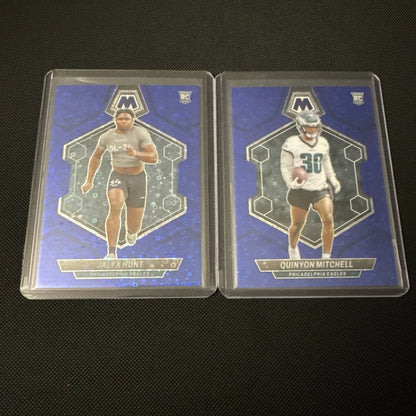 Two football trading cards featuring 2024 Mosaic Eagles Rookie Blue Disco Lot /75