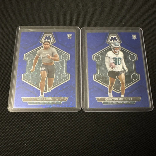 Two football trading cards featuring 2024 Mosaic Eagles Rookie Blue Disco Lot /75