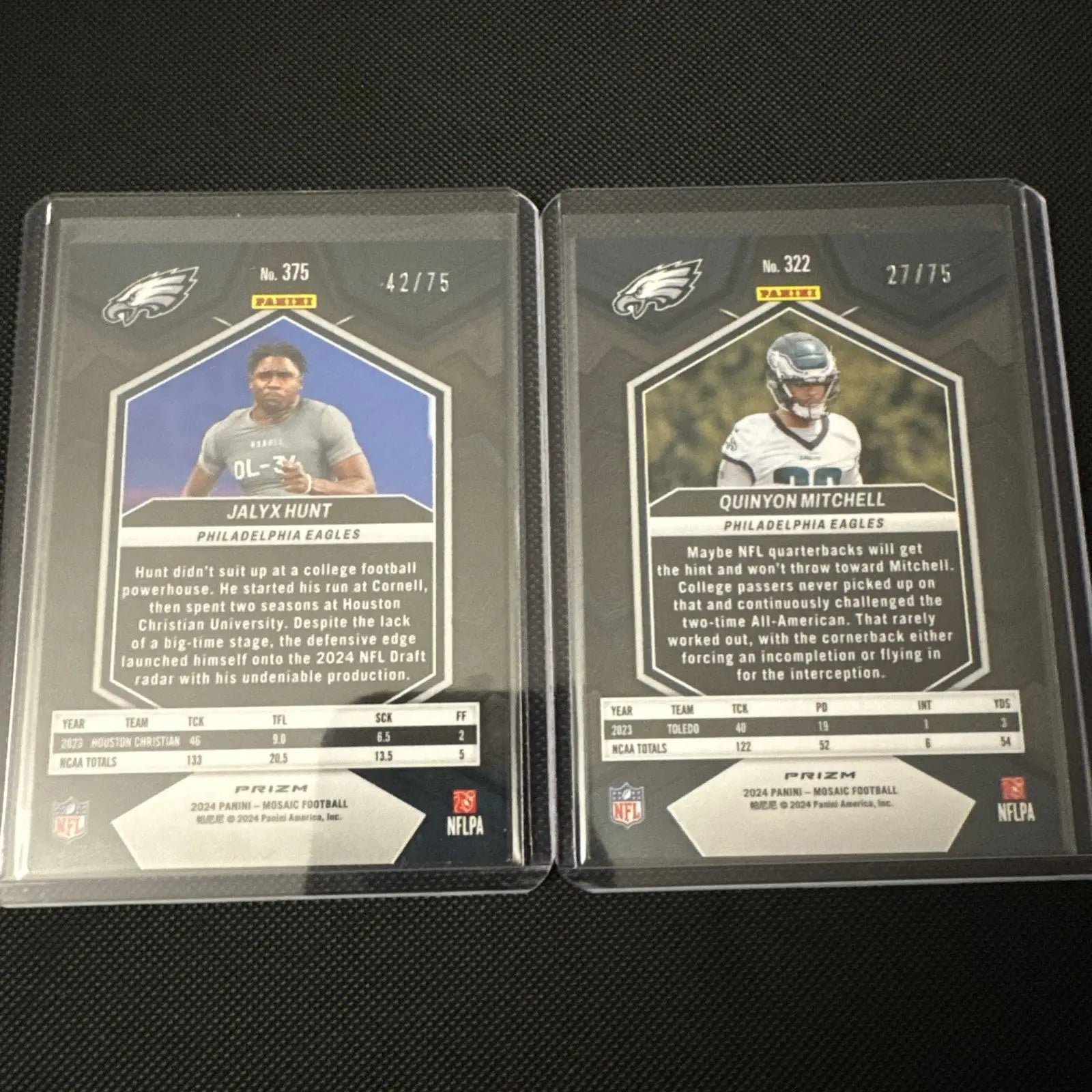 Two football trading cards from the 2024 Mosaic Eagles Rookie Blue Disco Card Lot /75