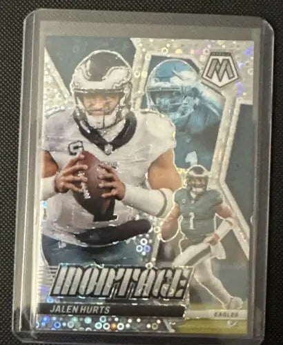Jalen Hurts football card featuring 2024 Mosaic Silver Disco Insert No Huddle #M-5 Eagles