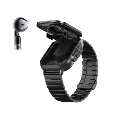 Black smartwatch with integrated charging case and single earbud for 2024 new design smartwatches