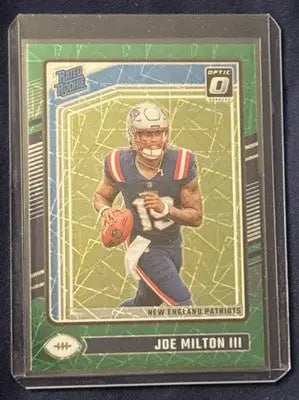 Football trading card featuring Joe Milton III in a New England Patriots green velocity uniform