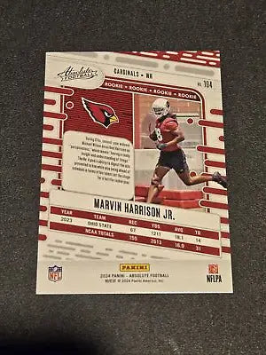 Marvin Harrison Jr. football card from 2024 Panini Absolute series featuring Arizona Cardinals